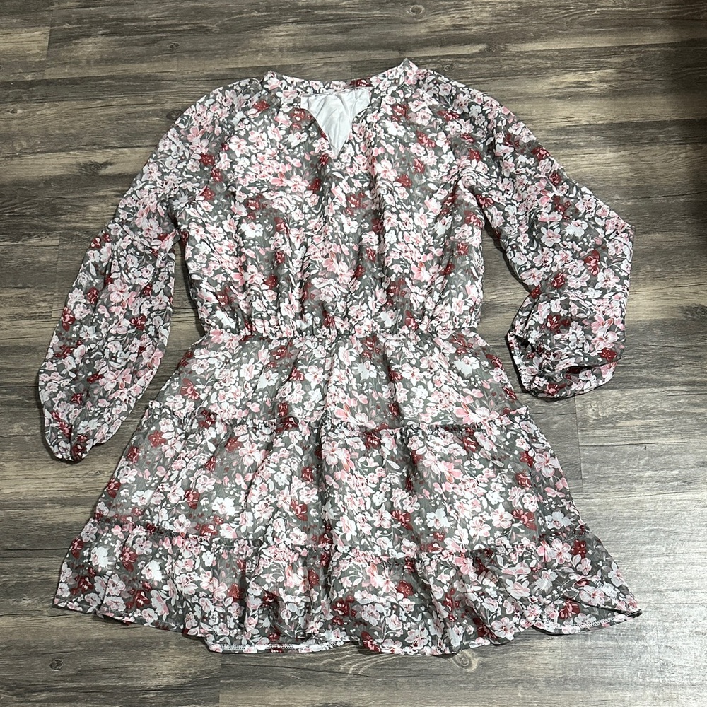 Women's V Neck Puff Sleeves Floral Mini Dress - Picture 3 of 7